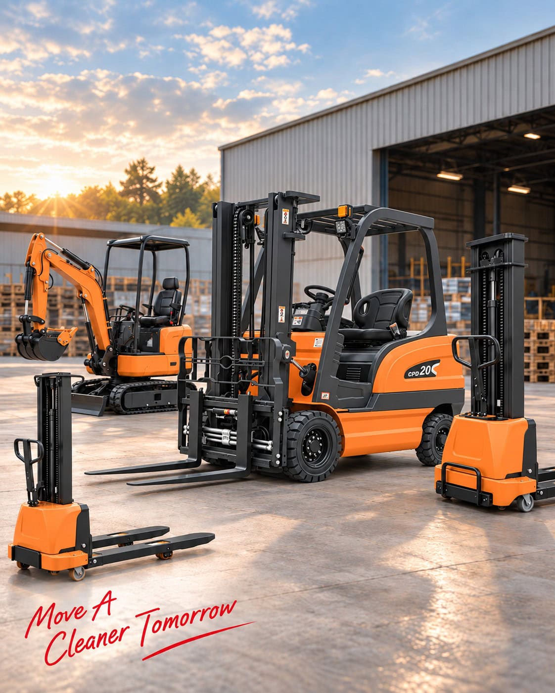 Orange Huajing forklift, stackers and mini excavator outside a factory.